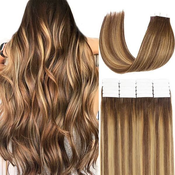 Extensiones de cabello humano con cinta adhesiva, 18 pulgadas, 20, 40, 60 piezas, rectas, sin costuras, trama de piel, extensiones de cabello humano de alta calidad, 20 piezas/paquete, color natural, cabello castaño oscuro-rubio, mezcla natural (50 g, 20 piezas/paquete)
