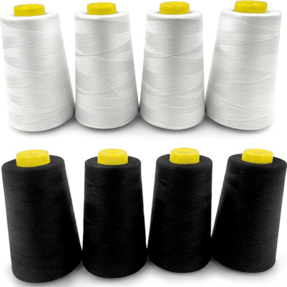 Hilo de remalladora blanco y negro, hilo multiusos para coser, hilo de poliéster, 4 conos de 3000 yardas cada carrete para principiantes en máquinas de coser, costura a mano y acolchado.