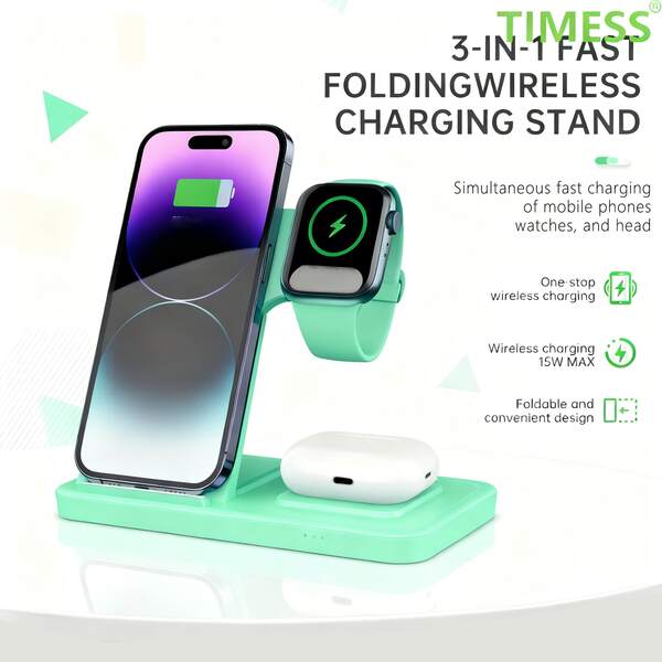 三合一便携式快速无线充电器，可折叠无线充电站，兼容 17/16/15/14/13/12/11/Pro/Pro Max， 9/8/7/6/5/4/3/2/SE，兼容 3/2/Pro，多设备充电，节日礼物，居家办公，旅行必备。