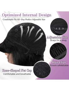 ZHENDEFA Peluca corta y ondulada sin flequillo, sin banda frontal, sin costuras, con una densidad del 180%, color natural, adecuada para mujeres, cabello brasileño liso con trama de máquina, conveniente y rápida - SNatural - Ver 8