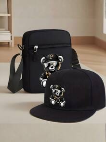 1pc/2pcs Hip Hop Bear Print Men's Baseball Cap And Crossbody Bag Set, Street Fashion Outdoor Sports Unisex Baseball Cap Flat Brim Hat And Shoulder Bag, Adjustable, Gift For Yourself Or Friends - 彩色 - 查看 5