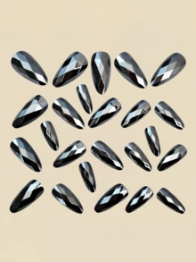 24pcs 3D Rhombus Electroplated Super Shiny Diamond False Nails, Nail Art Supplies, Gothic Style Nails, Almond Shape Nails, Gray Nails - Dark Grey - View 3