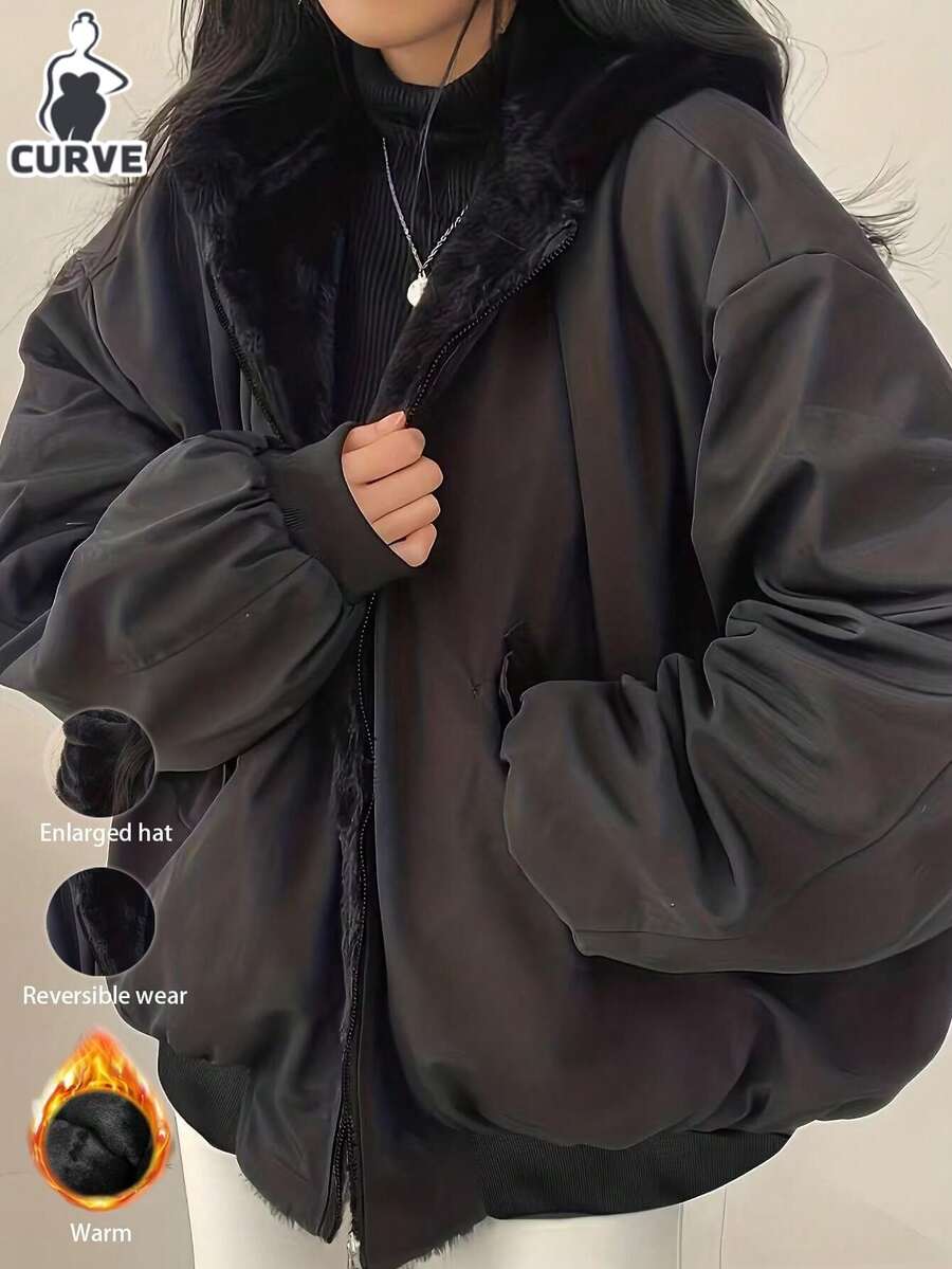 大码女式双面穿羊羔绒外套，大码修身剪裁，休闲百搭实用风保暖两穿飞行员夹克，黑色，冬季款 - 黑色 - 查看 1