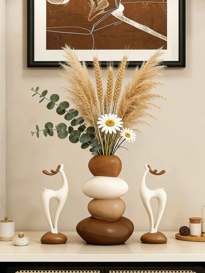 Set de 3 piezas de jarrones de resina y piedra, los jarrones no pueden contener agua, solo para flores artificiales decorativas, con formas de ciervos afortunados y renos navideños, adecuados para la decoración de la sala de estar, el comedor, el gabinete de TV, la mesa, regalo de inauguración de la casa, sin necesidad de energía, decoración del hogar, decoración navideña, decoración de la habitación para el Día de San Valentín