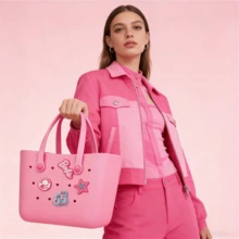 Barbie Large Capacity Tote Bag, Cute Sunshine Glitter Series Beach Bag, Kawaii Picnic Handbag, EVA Perforated Lunch Bag, Gift - Pink - View 3