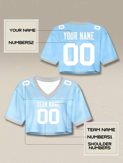 Custom Light Blue Women's Football Jersey Crop Top, With Personalized City Print And Name Number, Off-Shoulder Design, Streetwear Style, Customizable, Fast Delivery