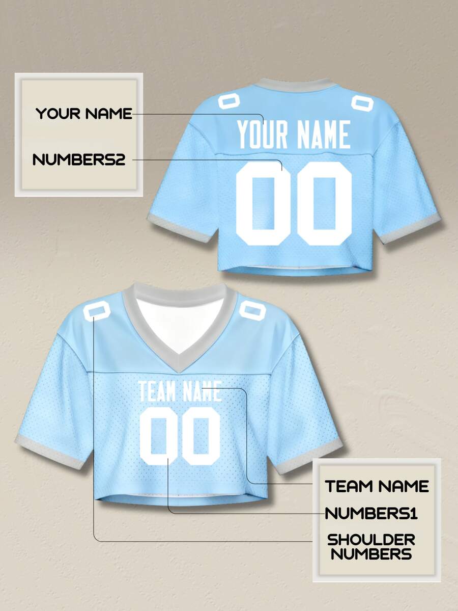Custom Light Blue Women's Football Jersey Crop Top, With Personalized City Print And Name Number, Off-Shoulder Design, Streetwear Style, Customizable, Fast Delivery