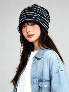 1顶条纹宽松针织帽，休闲简约风格，轻盈透气设计，多种颜色可选，均码，适合大多数女性和青少年，适合日常佩戴、街头穿搭、旅行和通勤，四季皆宜的时尚头饰。 - A - 查看 3