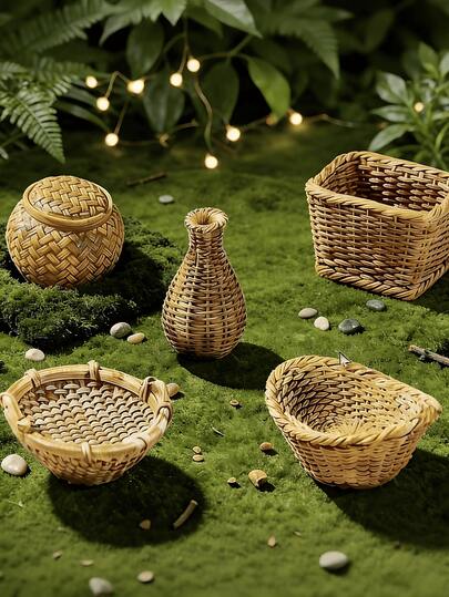 5 st mini-korgar i bambu - autentisk mini-husdekoration, gjord av ABS-harts, olivbrun, lämplig för miniatyrlandskap, fotorekvisita och festdekorationer, mini-hustillbehör