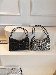 Women Silver Sequin Shoulder Bags Zipper Closure Underarm Handbag Solid Color Tote Handbag For Wedding Prom Parties Travel - A - View 11