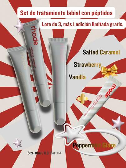 RHODE Set de tratamiento labial con péptidos,Juego de bálsamos labiales de 4 piezas.Tamaño: 10 ml / 0.3 fl oz cada uno.Número de color Strawberry/Vanilla/Salted Caramel/Peppermint Glaze.Hidrata e hidrata los labios, dejándolos con un acabado de alto brillo.Textura suave y duradera.Brillo de labios, hidrata los labios.