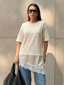 HZXVIC Camiseta recta de cuello redondo con dobladillo asimétrico y encaje de contraste para mujer - Beis - Ver 3