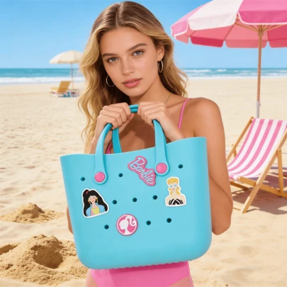 Miniso Barbie Sunlight Sparkle Series Summer EVA Beach Basket Tote Bag, Hollow Handbag, Cartoon Cute Shoulder Bag, Lunch Bag, Perfect For Beach Vacation, Travel And Holiday Essentials