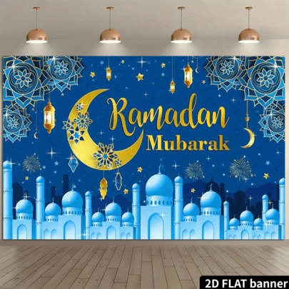 2D平面优雅斋月祝福背景横幅。金色新月和伊斯兰建筑设计。涤纶相机背景布。适用于家居装饰、生日、周年纪念、婚礼等场合。