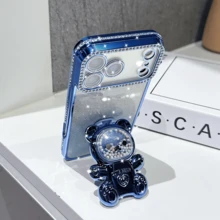 Bling Gradient Glitter Rhinestone Cartoon Candy Liquid Bead Bear Foldable Stand Phone Case Compatible With IPhone 17 16e 15 14 13 12 Pro Max 14 15 Plus 11, Galaxy A05 A05S A06 A07 A17 A12 A13 A14 A15 A25 A33 A35 A52 A53 A54 A55, S23 S24 S25, EDGE, Mate 50 60, X9a X9b, Magic 5 Lite 6 Lite, S23 S24 S25 - Blue - View 3