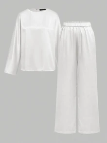 Set de 2 piezas Elegante y casual Vintage con patrón de moneda Textura de satén tipo seda Conjunto de mujer Blanco Primavera - Blanco - Ver 7