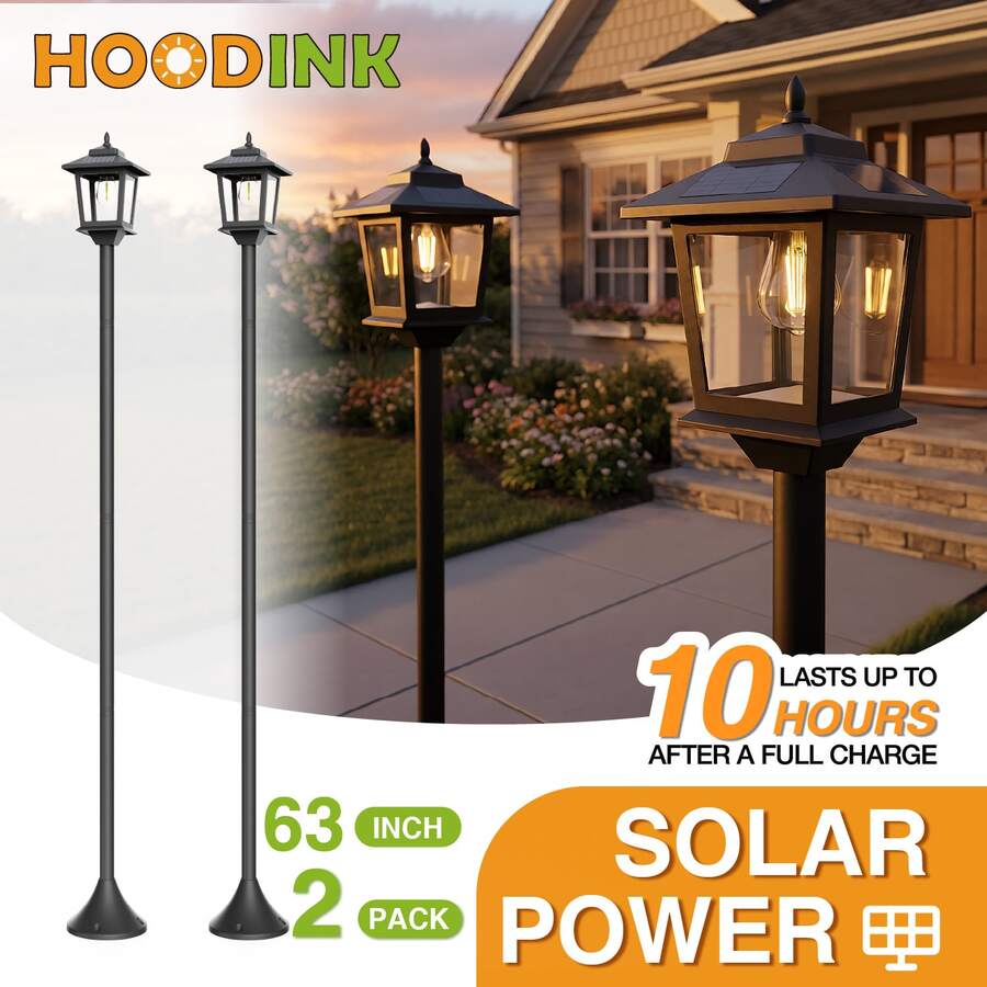 2pcs Hoodink Solar Powered Outdoor Lamp Posts - Black Patio Lights With Built-In Lithium Battery, Automatic Solar Garden Lighting For Pathway, Yard, Porch, Driveway - Modern Landscape Lighting, Solar Outdoor Lights, Pathway Illumination, Energyefficient Ligh - màu đen - Xem 1