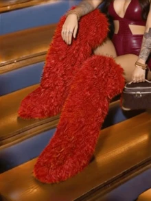 Luxury EdgyElongate Womens New Christmas Furry Fluffy Boots Over Knee Roud Toe Flat Sole Pull On WInter Fur Boots Outdoors Party Dressy Occasions Snow Shoes - Đỏ - Xem 3