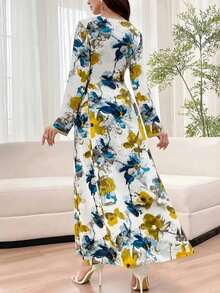 Rochie elegantă Abaya cu imprimeu floral, cu decolteu în V, mânecă lungă și curea, rochie slim fit, îmbrăcăminte pentru Ramadan pentru vacanța de Ramadan - Verde măsline - Vizualizare 3