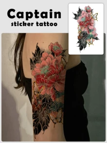 1张牡丹花临时纹身贴纸，水彩扎染金属线条，优雅暗黑设计，适用于手臂、腰部、腿部等身体部位，防水防汗，持久耐用，非常适合节日、派对、送礼等场合。 - 粉色 - 查看 4