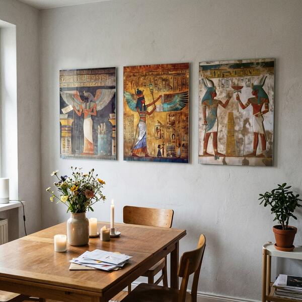 3Pcs/Set Retro Egyptian Canvas Wall Art – Gold Mummy & Pharaoh Illustration Prints, High-Quality Historic Decor For Living Room, Bedroom & Office, Optional Frame