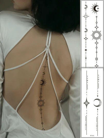4 Waterproof Fake Tattoos, Sun, Moon, Star Temporary Tattoo Stickers, Long-Lasting & Realistic Back Temporary Tattoos, Artistic Stickers, Music Festival, Party, Ball, Festival Body, Suitable For Arms, Back, Neck, And Waist