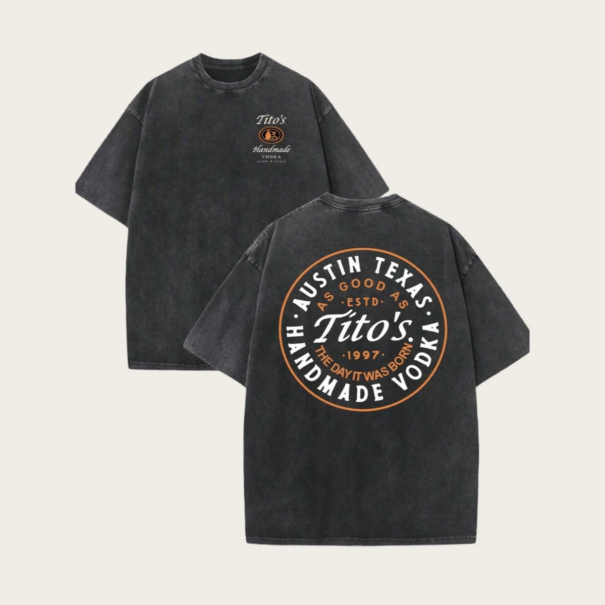230g Washed And Used T-Shirt, Front Tito's Handmade Vodka Logo, Back With "AUSTIN TEXAS Tito's HANDMADE Vodka" Circular Text And Brand Logo, Tito's Vodka Theme - 黑色 - 查看 1