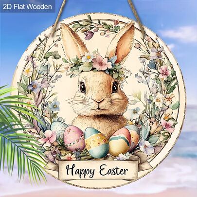 2D Flat - 1pc Happy Easter Bunny Wooden Sign - Round Wreath With Floral Crown & Colorful Eggs, 19.99x19.99 Cm, Farmhouse Style Wall Decor For Home, Porch, Or Door, Rabbit Decor