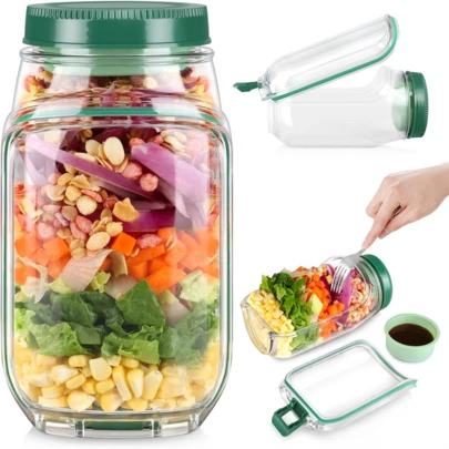 1pc 32oz Side-Open Salad Container, Leak-Proof Sealed Portable Lunch Box With Sauce Compartment To Prevent Ingredients From Getting Wet, Graduated Markings For Portion Control, Refrigerator & Dishwasher , Ideal For Office Workers And Fitness Enthusiasts