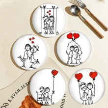 Minimalist Hand-Painted Couple Theme Coasters, Depicting Romantic Everyday Moments Like Swinging, Holding Hands, Hugging, And Sitting On A Bench, Using Simple Black Lines And Vibrant Red Heart Elements (Balloons, Floating Hearts). The Minimalist Black And White Line Art With Striking Red Hearts Conveys A Pure, Sweet Atmosphere Of Love. - Wooden Board-circle Coaster - View 4