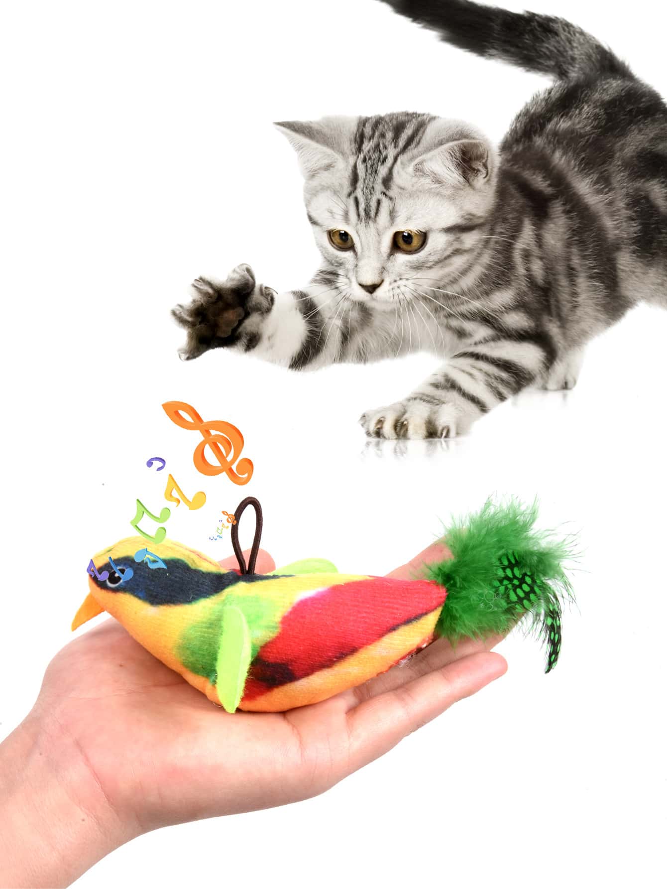 1pc Random Color Cat Toy, Realistic & Vivid Flying Bird Toy With Cat And Feathers, Hanging On Elastic Rope, Automatic Bird Chirping Sound, Plush Pet Toy For Indoor Cat Play - Multicolor - View 5