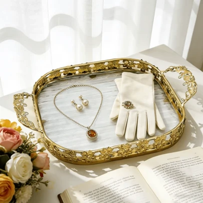 High-End Ironwork Glass Storage Tray With Exquisite Golden Engraved Design - A Jewelry Storage Tray For The Vanity Table.