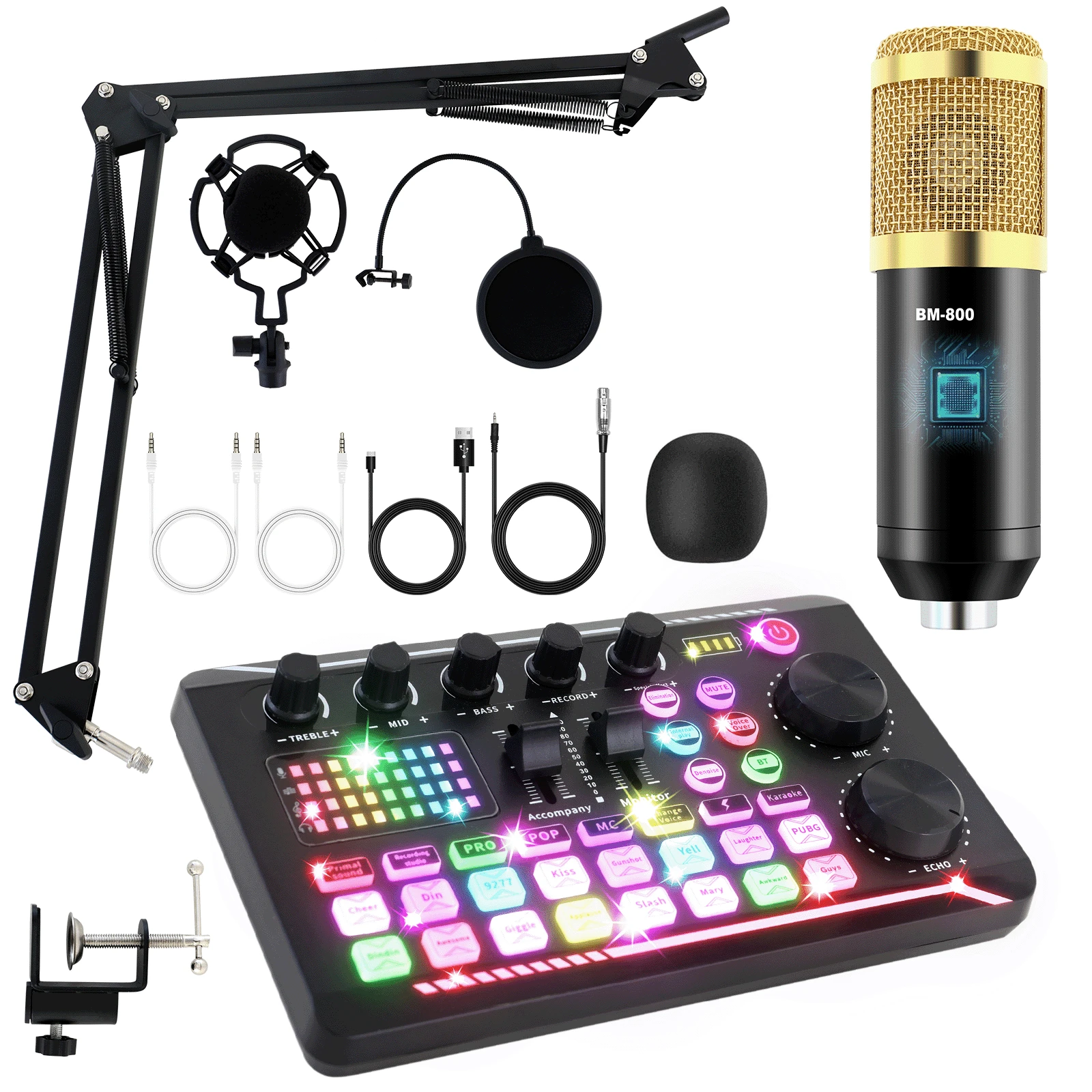 Upgraded F998 Sound Card Kit, Podcast Microphone Bundle, Condenser Mic With Live Sound Card Kit, Podcast Equipment Bundle With Voice Changer And Mixer Functions For PC Smartphone Studio Recording & Broadcasting - Gold Microphone + F998 Sound Card - View 1