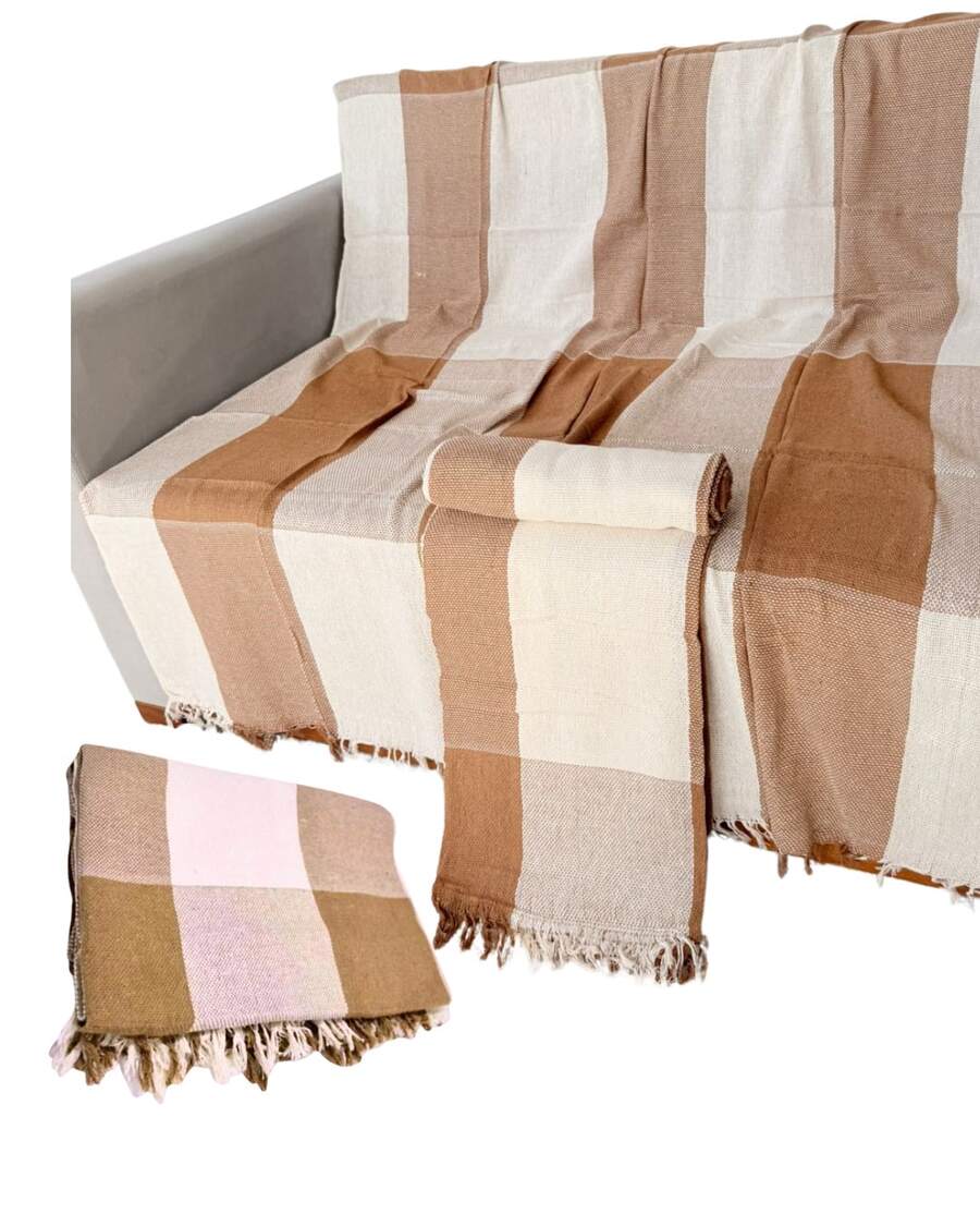 Set Of 2 Throws For Sofa Or Bed, 100% Cotton, Size 210x120, Decorative And Protective Cover For A New And Elegant Home - 榛果/白 - 查看 1