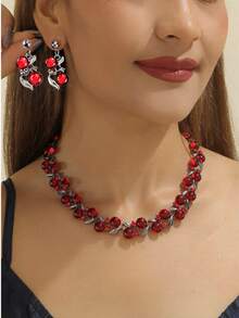 Bộ trang sức 3 món sang trọng dành cho nữ, đính pha lê đỏ, gồm dây chuyền và bông tai, mạ vàng, thích hợp cho tiệc tùng, đám cưới, làm quà tặng cho bạn gái, mẹ. - Xem 3