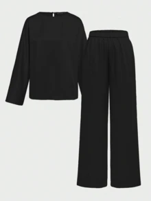 Set 2 buc., elegant, pentru naveta și casual, model vintage de monede, cu textură satinată asemănătoare mătăsii, ținută de damă, negru de primăvară - Negru - Vizualizare 7