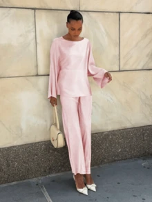 2pcs/Set Elegant Commuting & Casual Vintage Coin Pattern Silk-Like Satin Texture Women Outfit Pink Spring - Pink - View 5