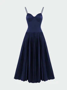 纯色优雅休闲褶皱连衣裙，适合婚礼、生日派对、约会、晚宴、情人节等夏季场合。 - 藏蓝色 - 查看 4