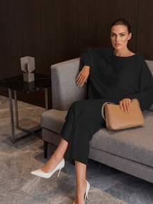 Set 2 buc., elegant, pentru naveta și casual, model vintage de monede, cu textură satinată asemănătoare mătăsii, ținută de damă, negru de primăvară - Negru - Vizualizare 3