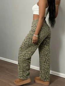 Women Spring Summer Casual Old Money Leopard Print Wide Leg Jeans Loose Pants - 棕色 - 查看 5