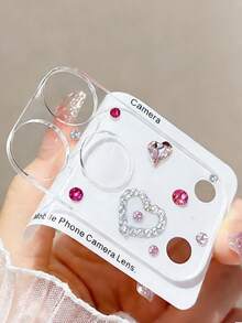 Cute Glitter 3D Pink Heart Love Diamond Pearl Transparent Glass Lens Protective Film Compatible With IPhone 17 Pro Max 17 Pro Series Stylish Girl Lens Protection Film Cover Accessories - Pink Heart Diamond - View 4