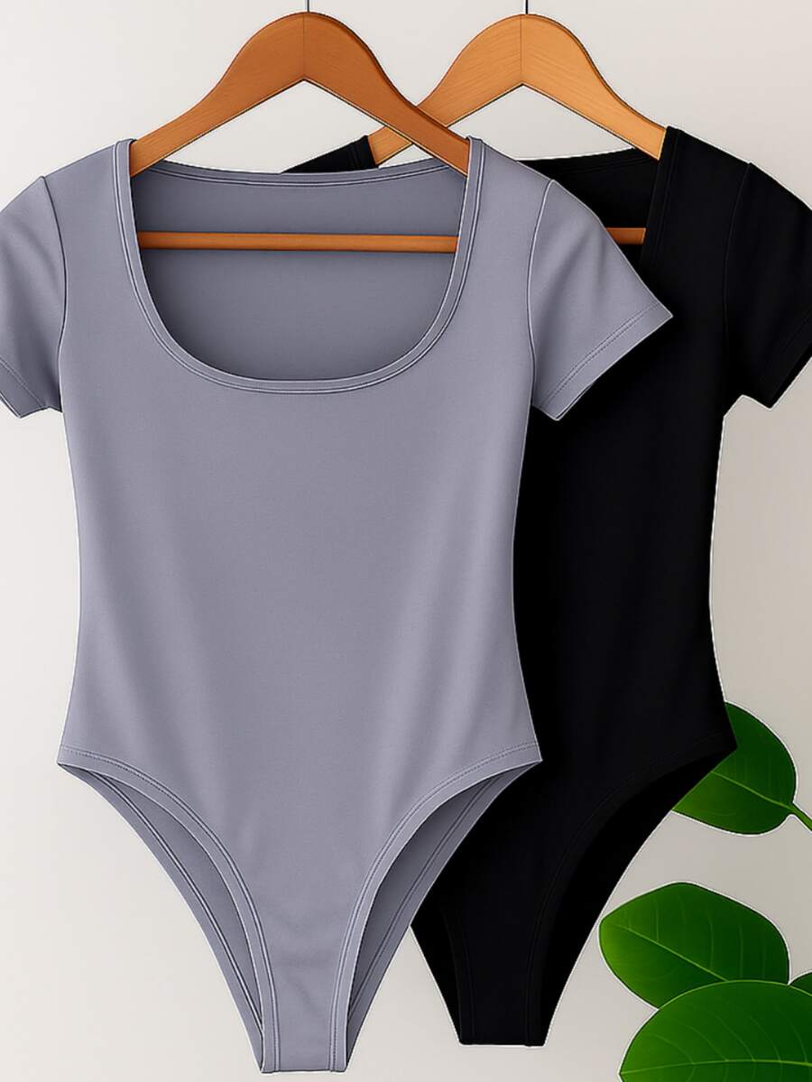 Set Of 2 Women's Bodysuits With Square Neckline And Short Sleeves, Spandex Fabric - hitam/abu-abu - View 1