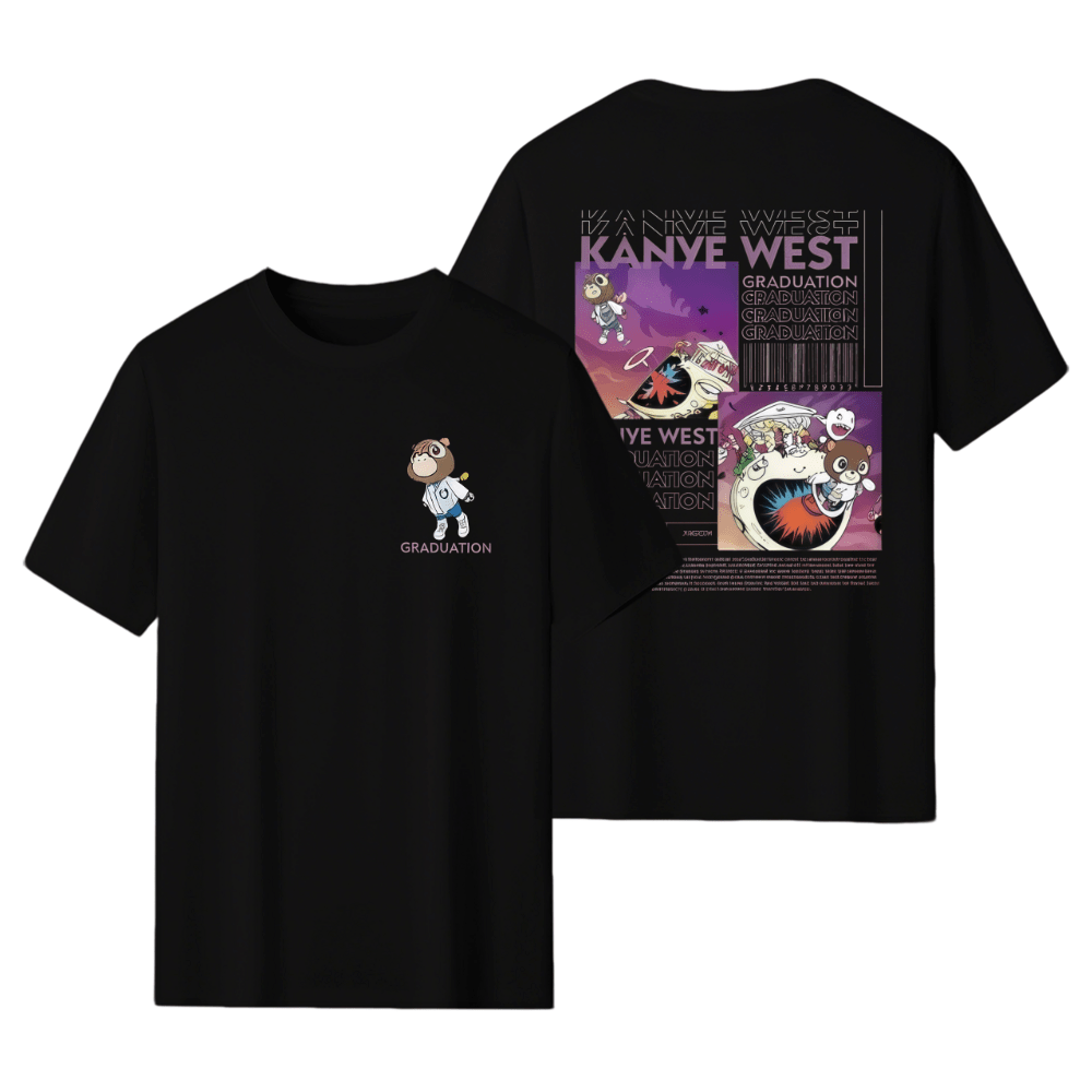 Kanyes Wests Graduation Bear Double Sided Printed Short Sleeved Men's And Women's Fashionable Hip-Hop Cool Sportswear Men's And Women's T-Shirt Top Summer Men's Clothing - 黑色 - 查看 1