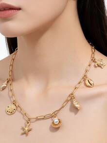 1件时尚ZA吊坠项链，复古波西米亚海滩风，饰有海星、贝壳、海龟和多吊坠设计，多层颈链，派对/节日礼物，百搭配饰 - 彩色 - 查看 6