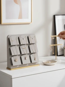 9-Grid Velvet Necklace Display Stand, Luxury Gold Base Jewelry Organizer, Jewelry Store Display Prop - Grey - View 2