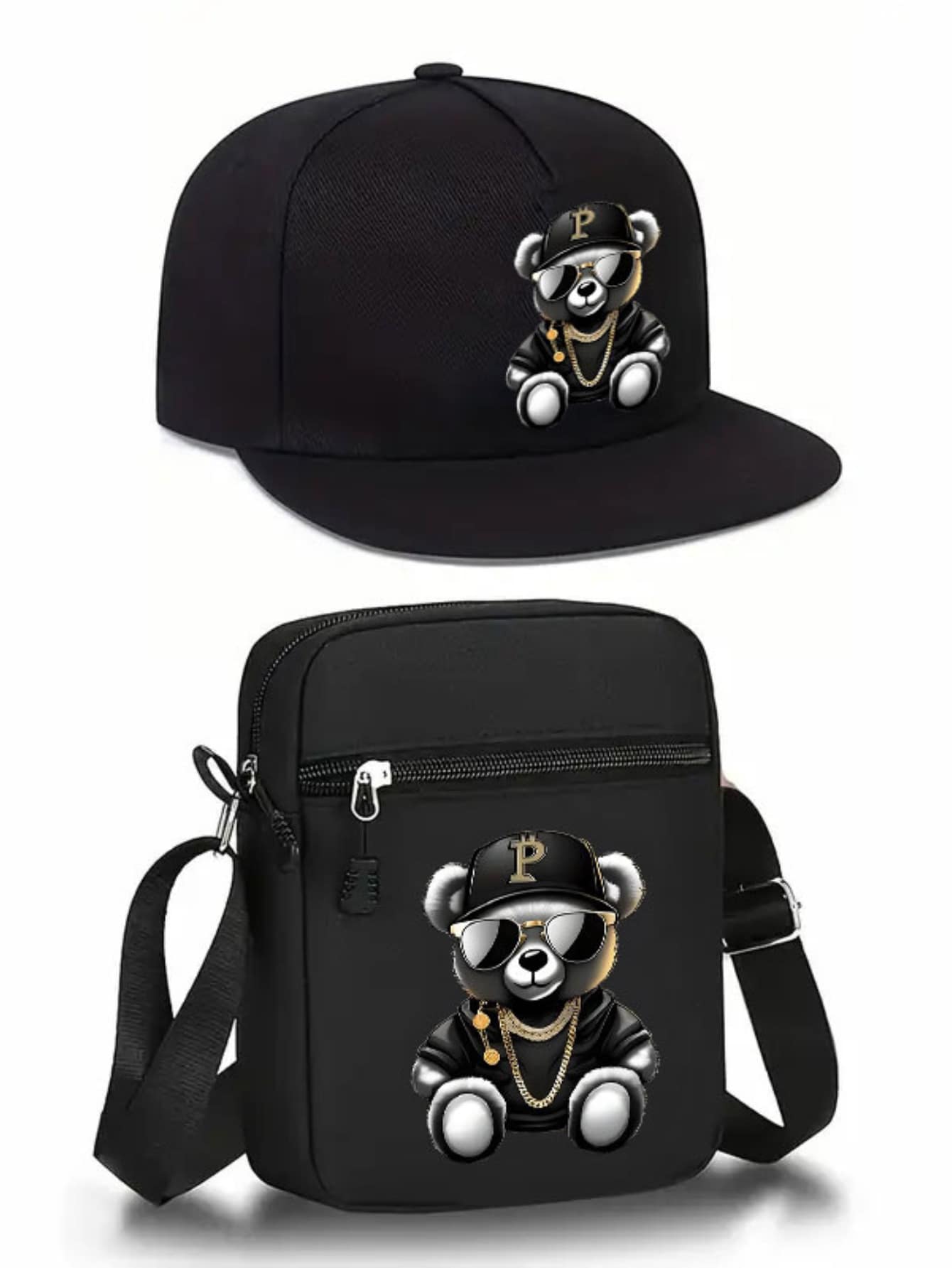 1pc/2pcs Hip Hop Bear Print Men's Baseball Cap And Crossbody Bag Set, Street Fashion Outdoor Sports Unisex Baseball Cap Flat Brim Hat And Shoulder Bag, Adjustable, Gift For Yourself Or Friends - 彩色 - 查看 1