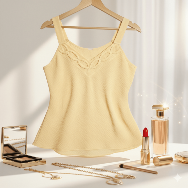 Blusa regata feminina, com alças grossas não reguláveis e detalhe trançado na frente.