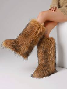 Women Valentine Fashionable Fluffy Winter Christmas Furry Long Boots Pull-On Faux Fur Round Toe Boots Warm Boots Outdoor Flat Shoes Party Casual Winter Fall Boots - 棕色A - 查看 5