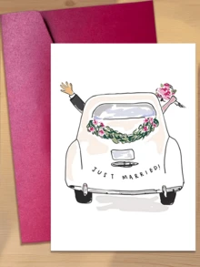 1pc Classic Car Illustration Newlywed Congratulations Card, Cartoon Animal Theme, Paper Material, Versatile For Bride & Groom - Sets - View 1