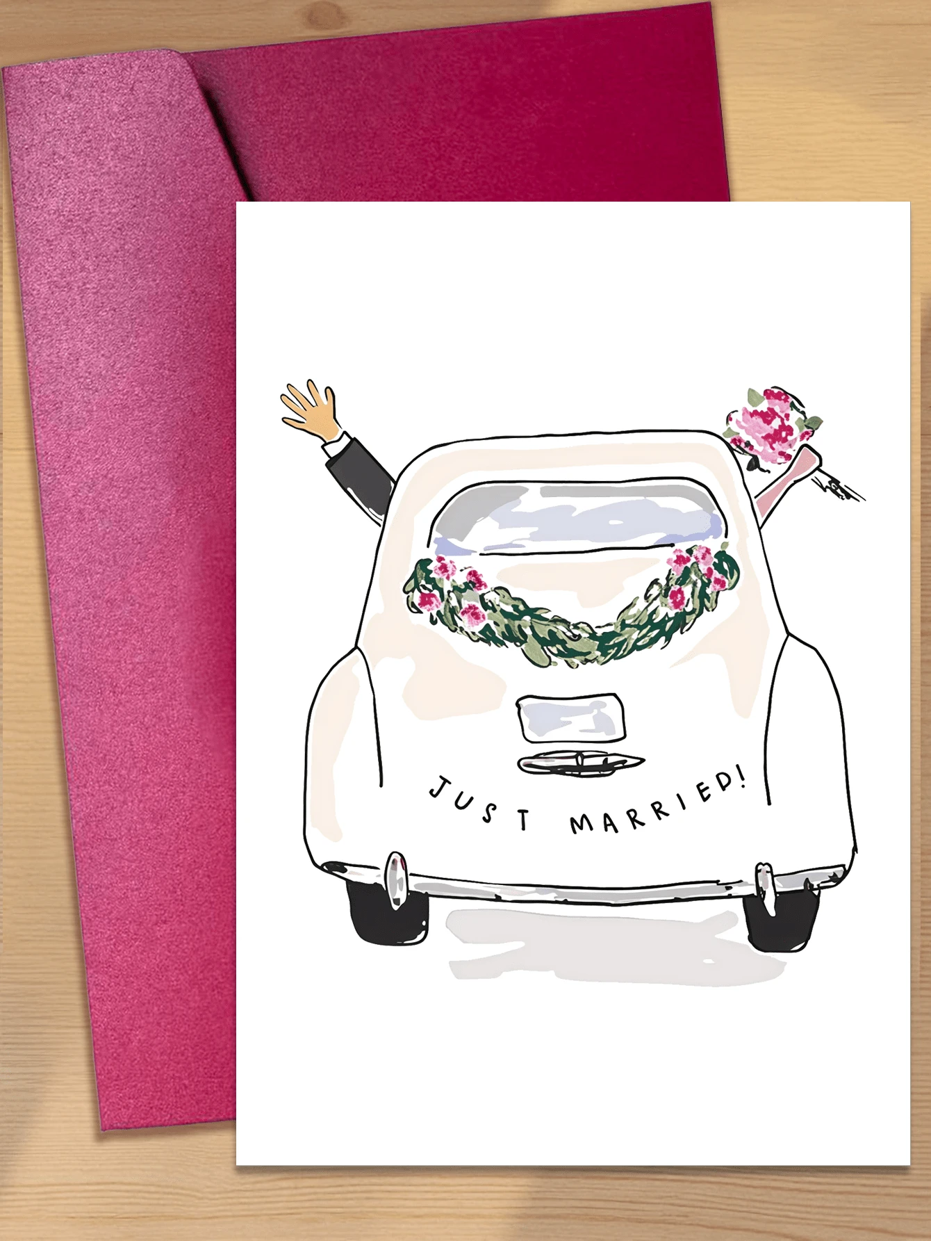 1pc Classic Car Illustration Newlywed Congratulations Card, Cartoon Animal Theme, Paper Material, Versatile For Bride & Groom - Sets - View 1